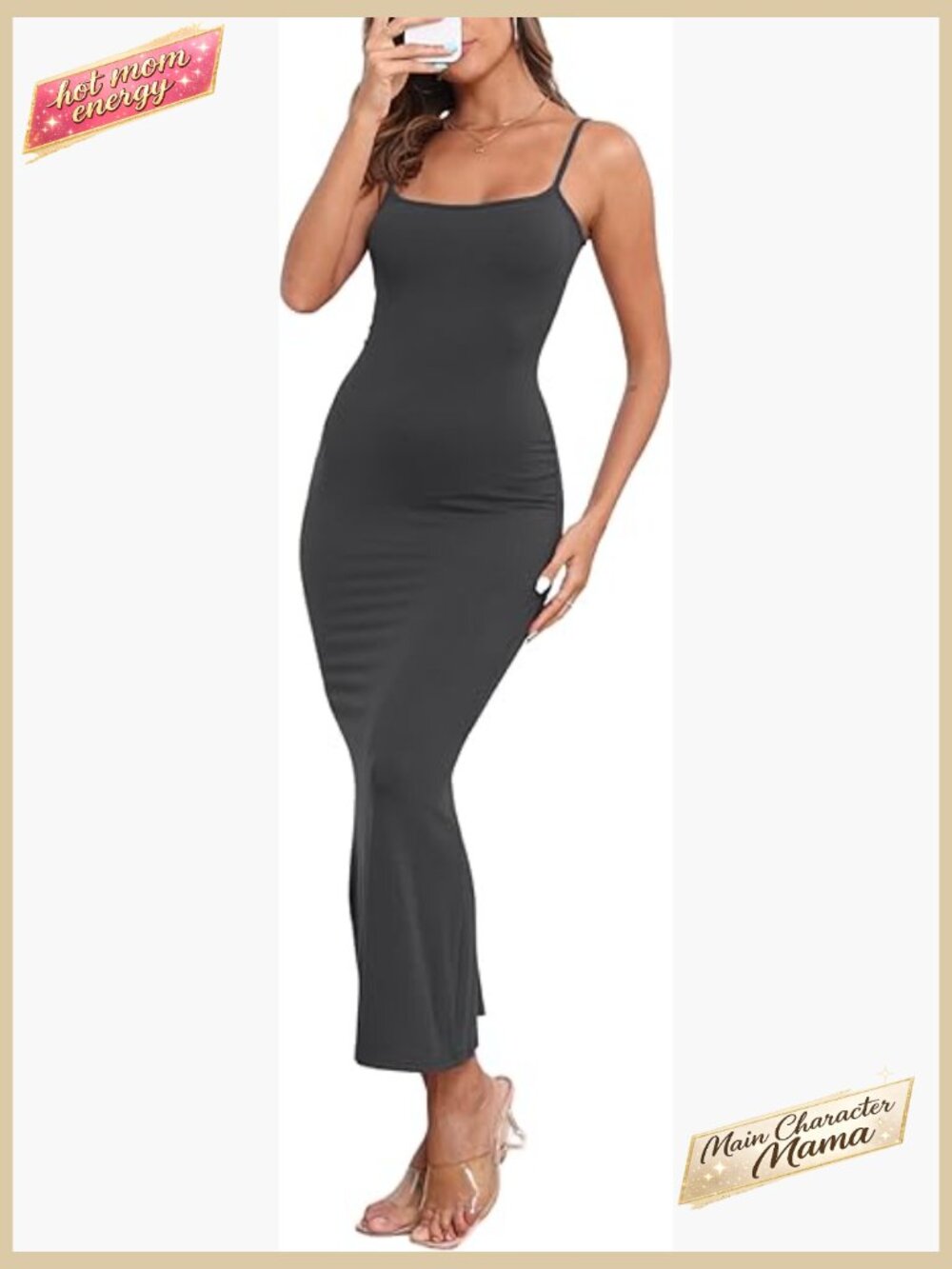 Ribbed Bodycon Maxi Dress Spaghetti Strap Slip Fit Fishtail Hem Summer